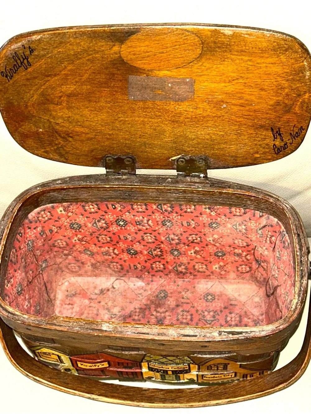 Hand-Painted Caro-Nan Wood penny Basket Tote in Brown and Red - Happy Design